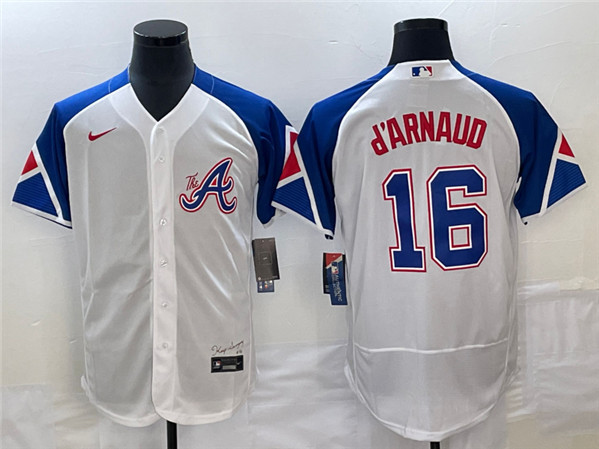 Men's Atlanta Braves #16 Travis d'Arnaud White 2023 City Connect Flex Base Stitched Jersey